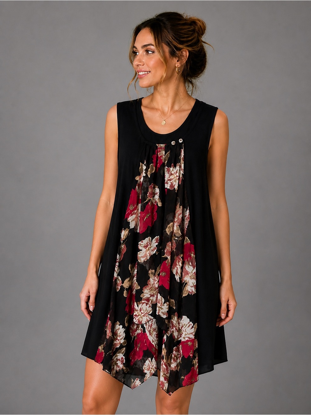 Papillon Black Floral Blouse with Pink & Cream Accents NWT